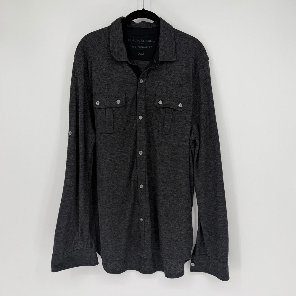Banana Republic The Vintage T Mens XL Gray Knit Button Up Roll Tab Sleeve Shirt